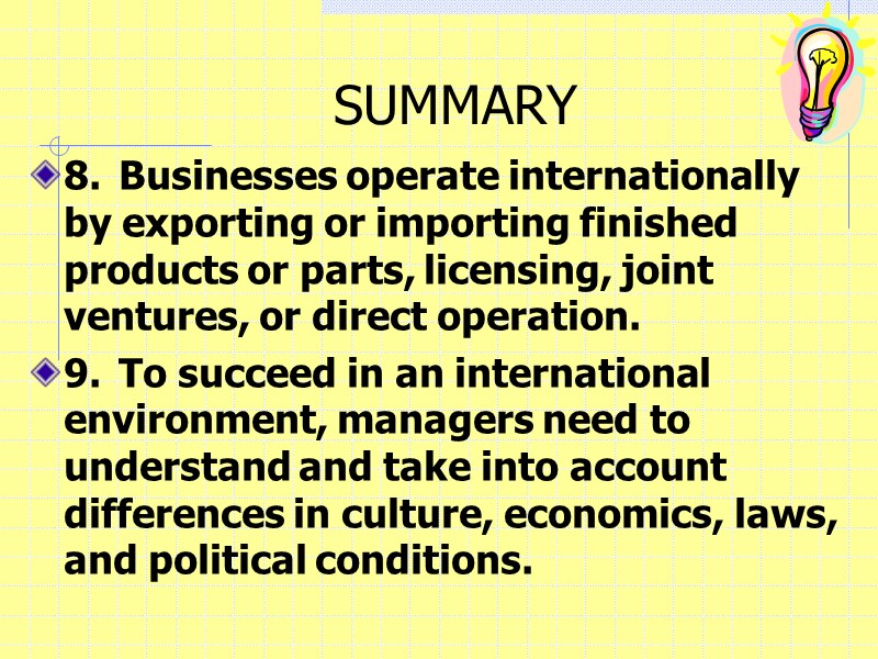 SUMMARY 8. Businesses operate internationally by exporting or importing finished products or parts, licensing,